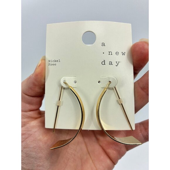 A New Day Curved Dangle Earrings Gold Tone Nickel Free 2 inch - Picture 5 of 5